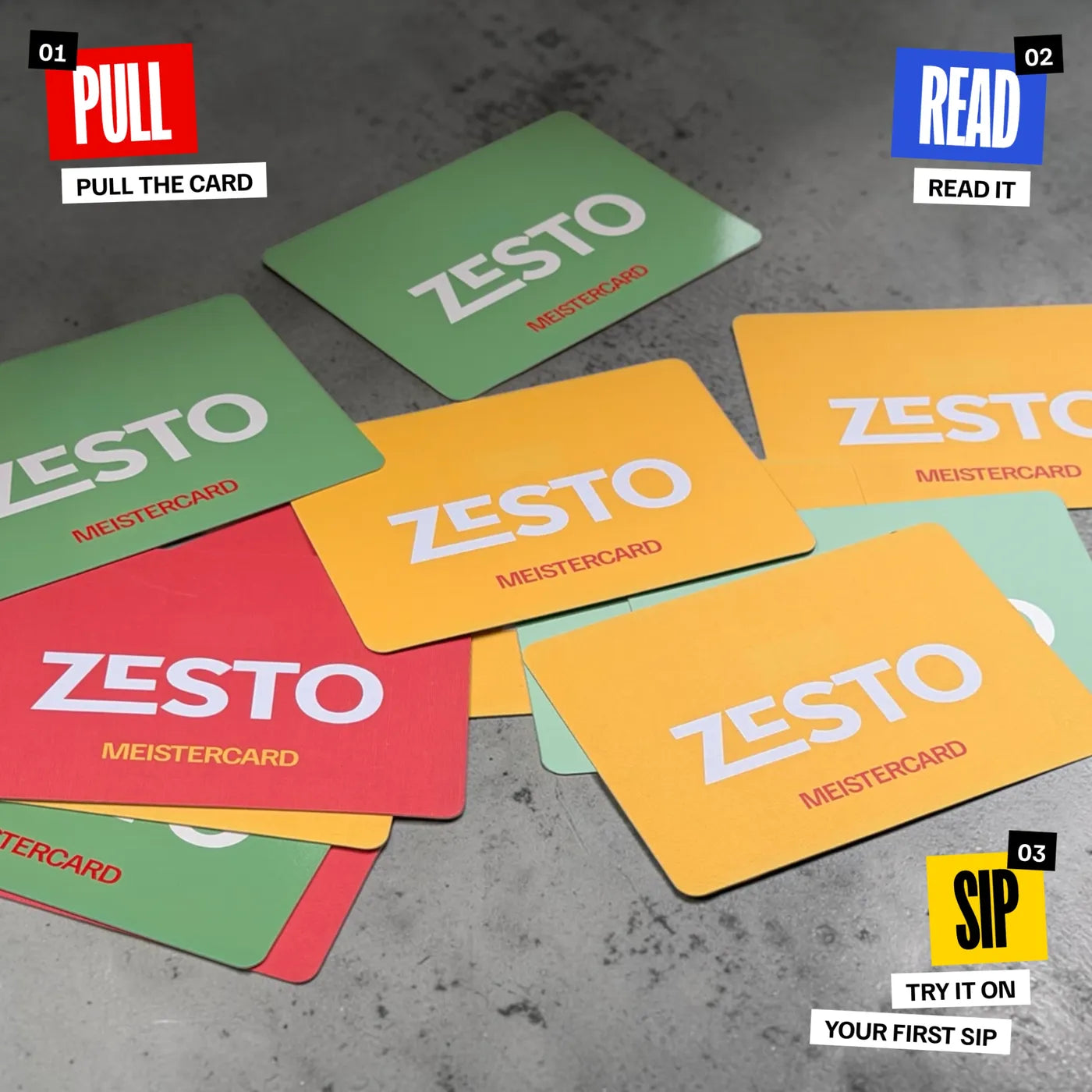 Zesto Meistercards: pull the card, read it, try it on your first sip