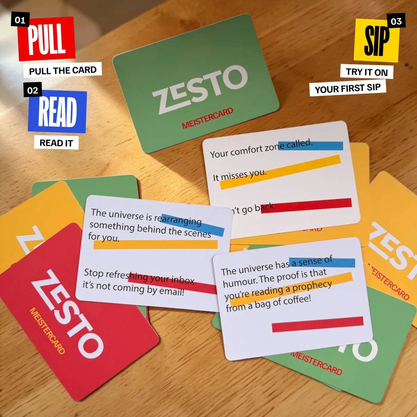 Zesto Meistercards with their messages: pull the card, read it, try it on your first sip