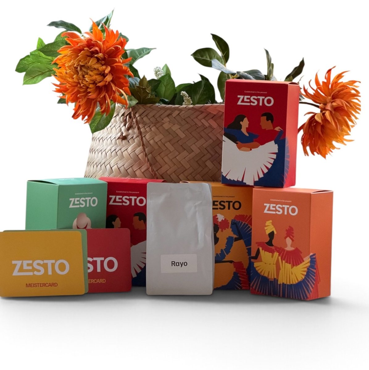 Colourful Zesto coffee bags with flowers, ready to give as a coffee subscription gift
