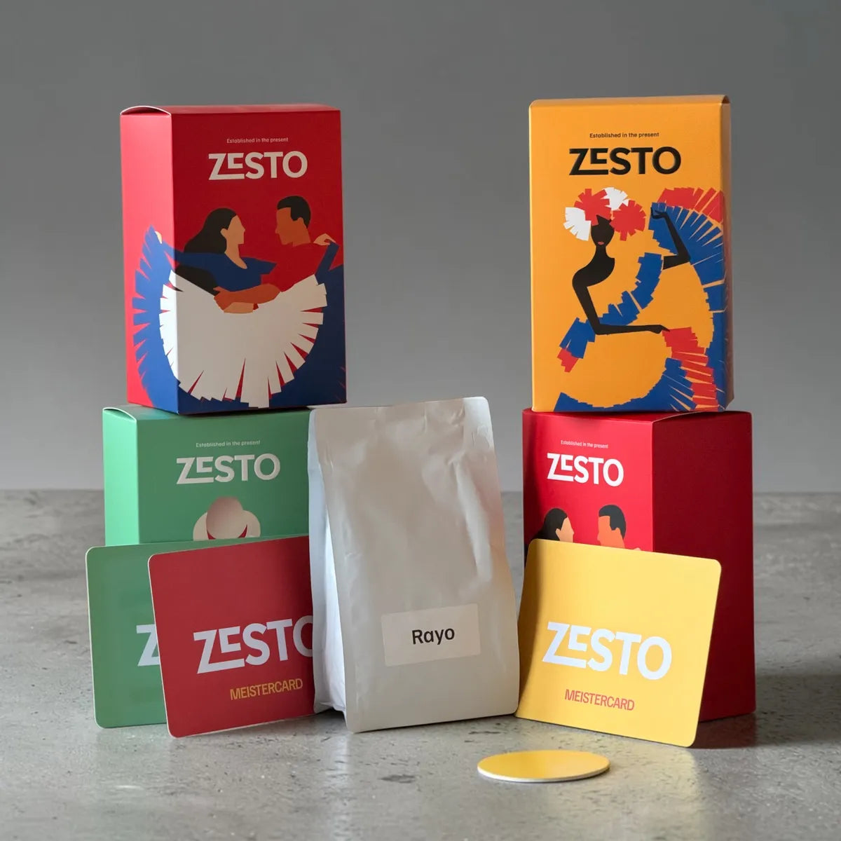 Zesto boxes, Rayo bag and Meistercards